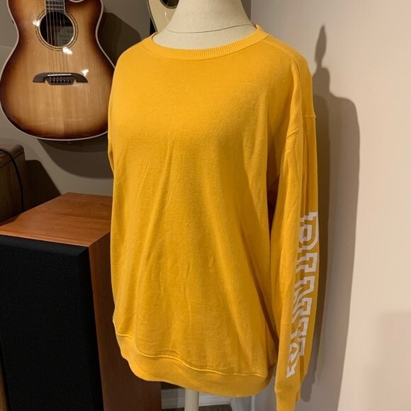 Victoria Secret Pink lightweight size small mustard yellow sweatshirt has 2 snag - Picture 1 of 7